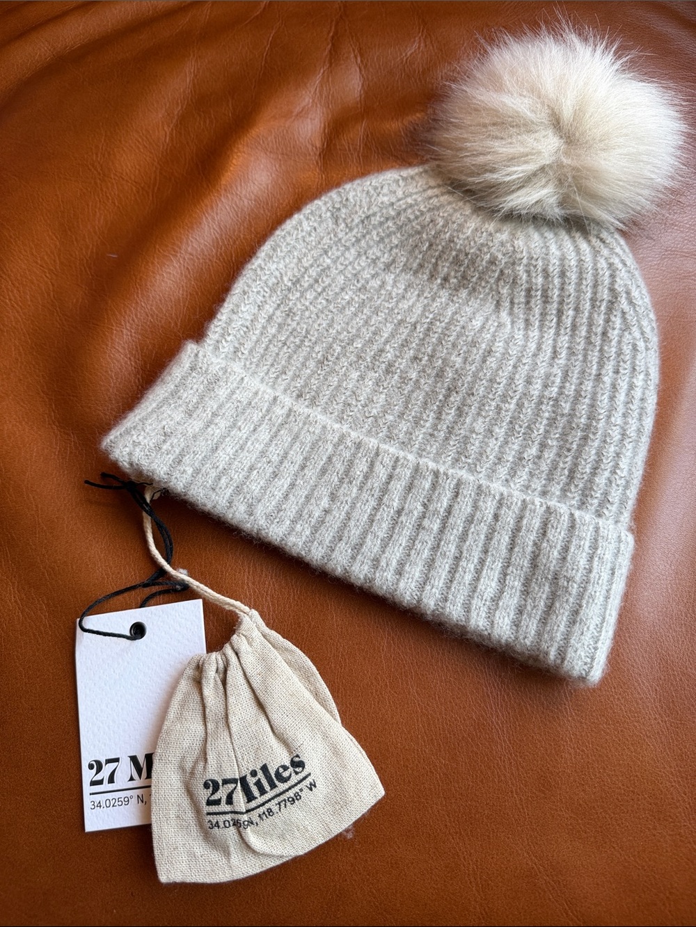 NWT 27 MILES JOY CASHMERE BEANIE WITH POM POM in Birch